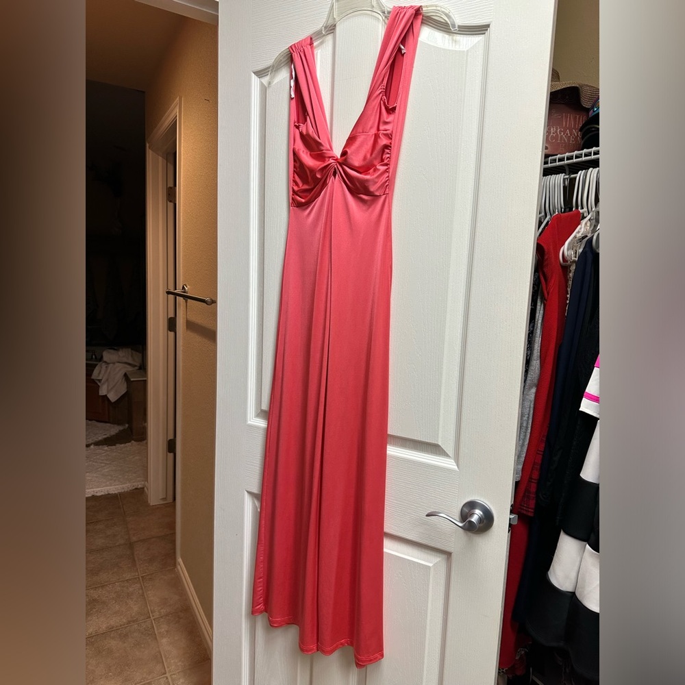 Dark Pink Satin Evening Gown with Small Slit